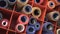 Close up of colorful sewing spools in the organizer in design studio.