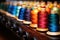 close-up of colorful thread spools on sewing machine