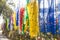 Close up colorful Tibetan flags along side next to the entrance gate of Guru Rinpoche Temple at Namchi. SIkkim, India