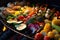 close-up of colorful veggies roasting on campfire grill