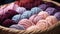 Close-up of coloured skeins of wool thread in a wooden basket. Cosy hobby concept. Generative AI