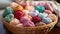 Close-up of coloured skeins of wool thread in a wooden basket. Cosy hobby concept. Generative AI