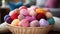 Close-up of coloured skeins of wool thread in a wooden basket. Cosy hobby concept. Generative AI