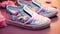 Close up of colourful girls shoes with unicorn