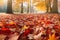Close up on colourful maple leaves on the ground in autumn park. Generative AI illustration