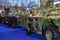 Close up of Combat vehicle painted in camouflage colors, at the international arms fair in Belgrade, Serbia