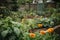 close-up of community garden with thriving plants, flowers, and vegetables