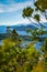 A close up on coniferous tree with the picturesque landscape of blue water lakes