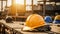 Close up construction helmet or hardhat placed on table of construction site. Hard safety wear helmet hat on desks at construction