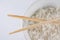 Close-Up Cooked Rice with Wooden Chopsticks