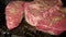 Close-Up Of Cooking Steaks Meat On A Grill Pan