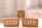 Close-up. Copy space. The concept of ecology. Wooden cubes with the inscription eco life
