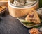 Close up, copy space, famous asian tasty handmade food in dragon boatduan wu festival, fresh from steamer steamed rice dumplings