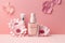 Close-up of cosmetic items on pink background