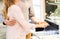 Close up of couple choosing ring at jewelry store