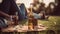 Close up couple enjoys carefree weekend drinking beer at sunset picnic generated by AI