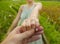 Close up couple hands man holding happy fiance hand with diamond engagement ring on her finger after wedding proposal at tropical