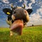 A close up of a cow\'s head. The cow is sticking out its tongue.