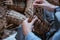 close up of craftswoman hands weaving water hyachinths making crafts