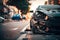 Close-up of a crashed car on the side of the road in the city, ai generative illustration
