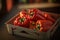 Close up of a crate of sweet red bell capsicum peppers. Generative ai