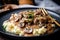 Close-up of creamy beef stroganoff with chunks of tender meat, caramelized onions, and earthy mushrooms served over a bed of