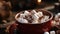 A close-up of a creamy Italian hot chocolate topped with cocoa powder and marshmallows in a rustic ceramic mug