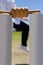 Close-up of cricket stumps against referee