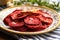 close-up of crispy roasted beet chips on a china plate