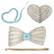 Close up Crochet gray heart, bow with light blue button, hook hand made concept on white background. Watercolor Hand