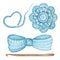 Close up Crochet light blue heart, bow, flower, hook hand made concept on white background. Watercolor Hand drawn hobby