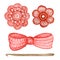 Close up Crochet red bow, flower, hook hand made concept on white background. Watercolor Hand drawn hobby Knitting and