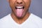 Close-up cropped portrait of his he handsome attractive well-groomed virile funky guy wearing white shirt showing tongue