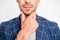 Close-up cropped portrait of his he nice attractive handsome well-groomed businessman dandy metrosexual wearing blue