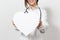 Close up cropped smiling doctor woman with stethoscope isolated on white background. Female doctor in medical gown