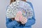 Close-up cropped view photo of pretty wearing casual outfit she her lady holding big pile of money in hands  grey