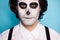 Close-up cropped view portrait of his he nice handsome serious evil guy demonic diabolic art visage catrina festive