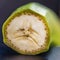 Close-up of Cross section of banana that looks like an unhappy or sad face.