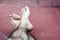 A close up of crossed bare feet of caucasian young man lying on red ground. Concept of relaxation and feet care