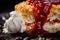 close-up of crumbly scone texture with jam and cream