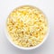 Close-Up of Crunchy Lemon Bhel in a white ceramic bowl made with Puffed Rice small besan sev. Indian spicy snacks Namkeen