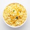 Close-Up of Crunchy Murmura in a white Ceramic bowl, made with Puffed Rice and Curry leaves. Indian spicy snacks Namkeen,