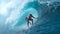 CLOSE UP: Crystal clear water splashes over surfer riding an epic barrel wave.