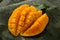 Close up of cube cut ripe mango, delicious tropical summer fruit