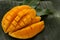 Close up of cube cut ripe mango, delicious tropical summer fruit