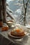 Close-up of cup of breakfast and coffee with snow view