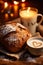 Close-up of cup of coffee, bread loaf and a candle light