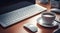 close-up of cup of coffee and laptop keyboard, business mans table, keyboard on the table, close-up of laptop keyboard