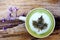Close up cup of matcha green tea latte art