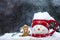 Close-up of cup with snowman face and gingerbread at snowfall